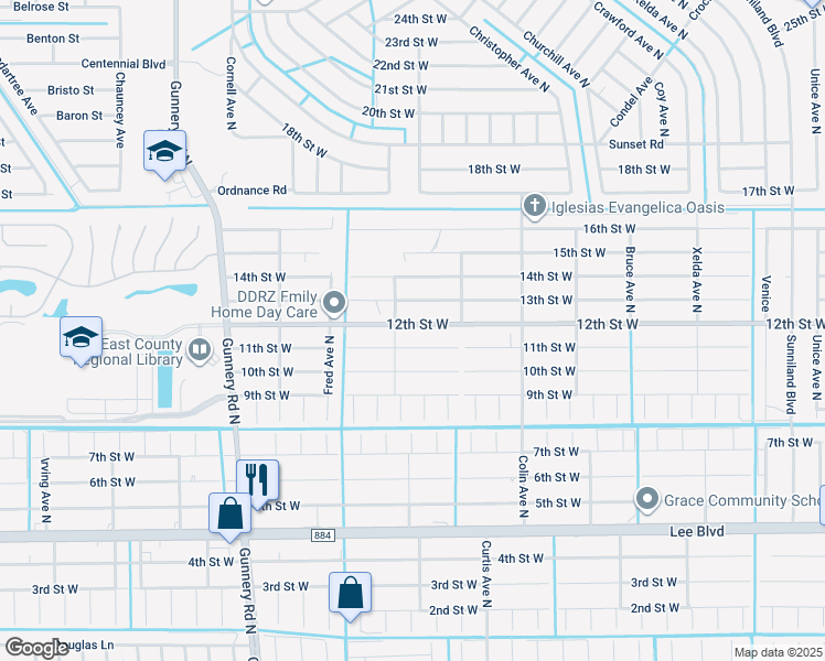 map of restaurants, bars, coffee shops, grocery stores, and more near 4115 12th Street West in Lehigh Acres