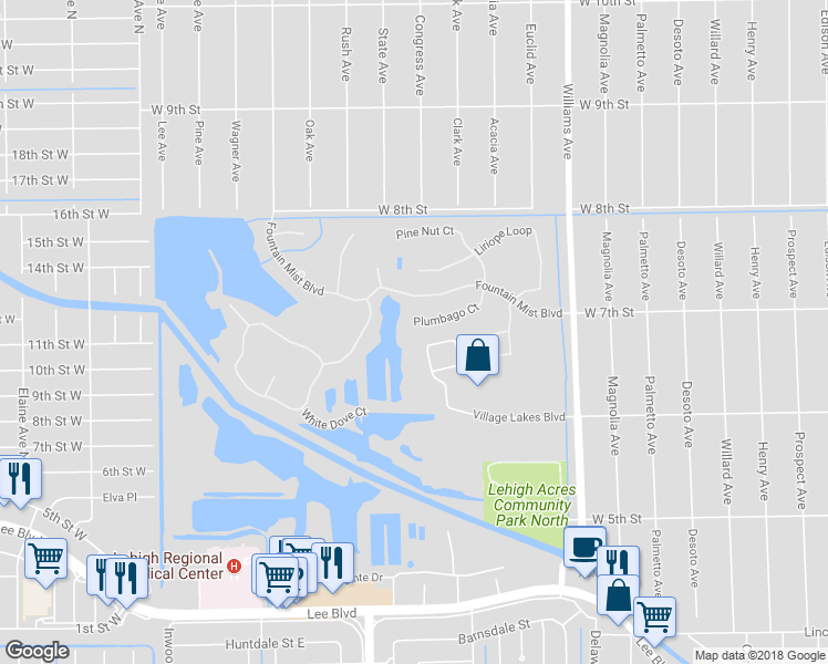 map of restaurants, bars, coffee shops, grocery stores, and more near 18240 Plumbago Court in Lehigh Acres