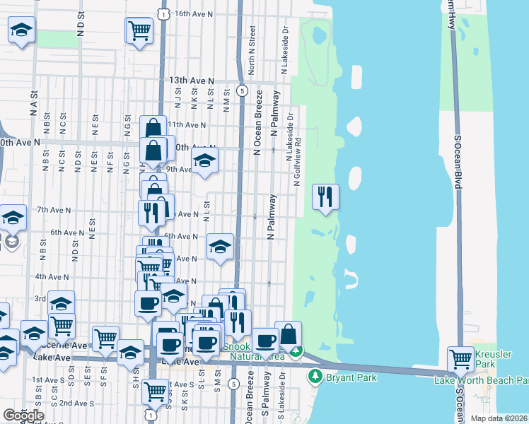 map of restaurants, bars, coffee shops, grocery stores, and more near 627 North Palmway in Lake Worth