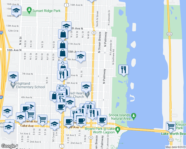 map of restaurants, bars, coffee shops, grocery stores, and more near 624 North Federal Highway in Lake Worth