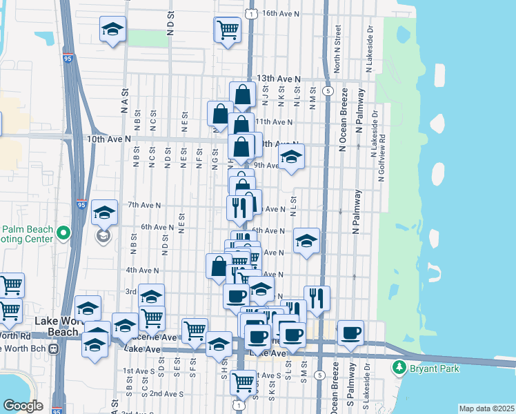 map of restaurants, bars, coffee shops, grocery stores, and more near 620 North Dixie Highway in Lake Worth