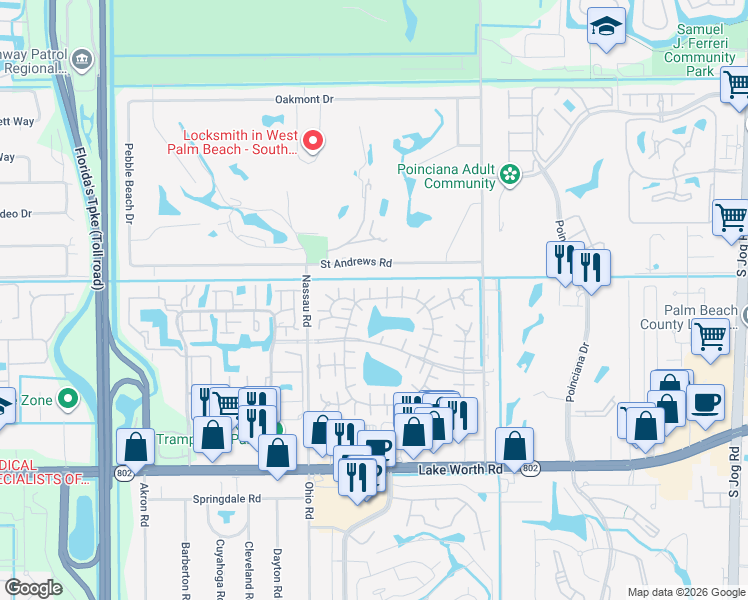map of restaurants, bars, coffee shops, grocery stores, and more near 333 Cape Cod Circle in Lake Worth