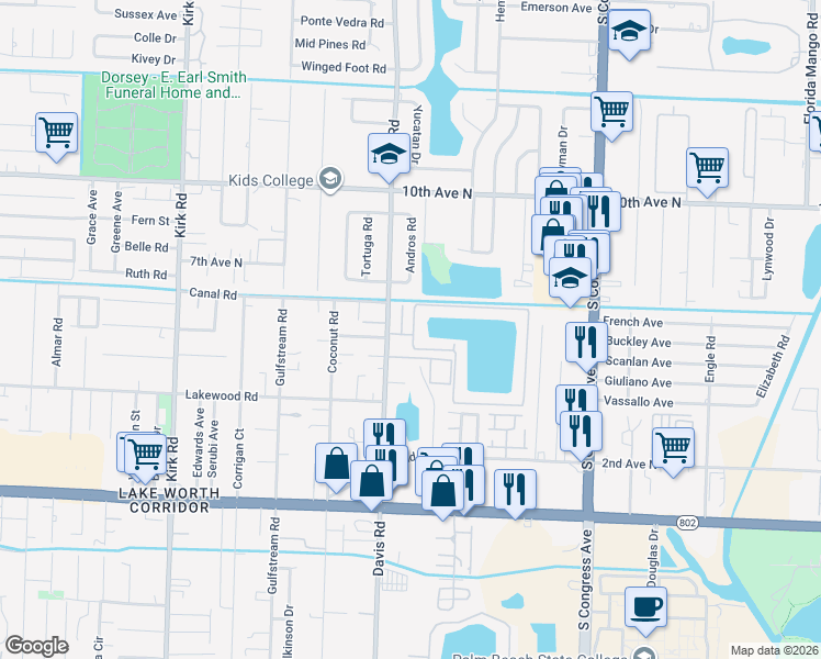 map of restaurants, bars, coffee shops, grocery stores, and more near 804 Waterview Drive in Palm Springs