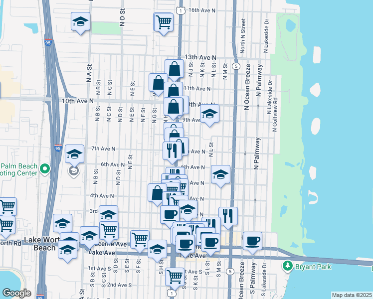 map of restaurants, bars, coffee shops, grocery stores, and more near 620 North Dixie Highway in Lake Worth