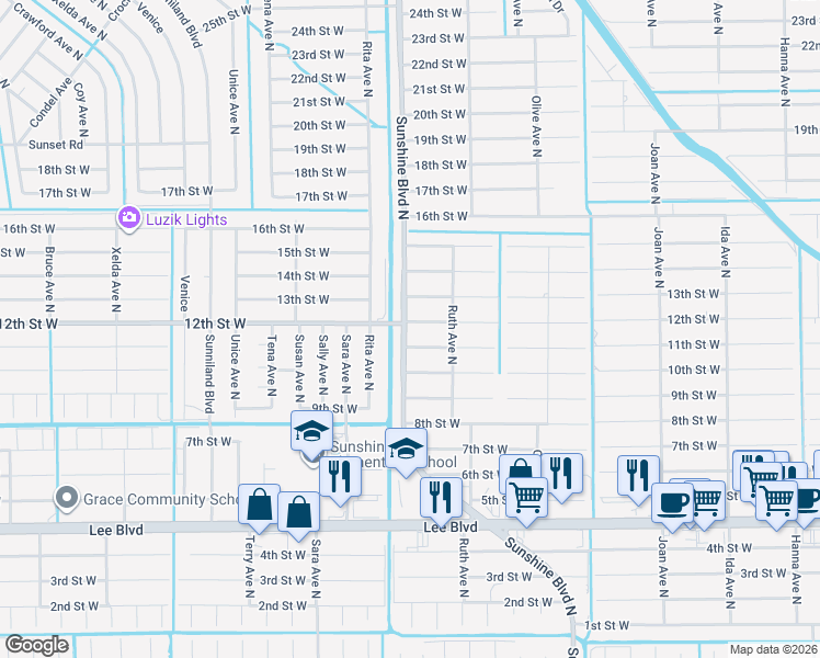 map of restaurants, bars, coffee shops, grocery stores, and more near 3326 11th Street West in Lehigh Acres