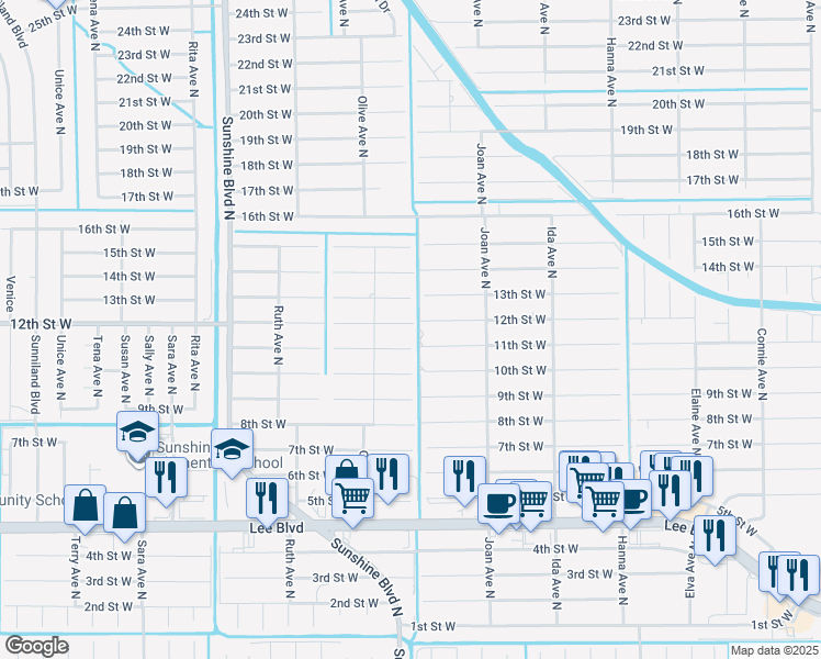 map of restaurants, bars, coffee shops, grocery stores, and more near 3101 12th Street West in Lehigh Acres