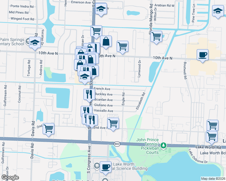 map of restaurants, bars, coffee shops, grocery stores, and more near 3113 Buckley Avenue in Lake Worth