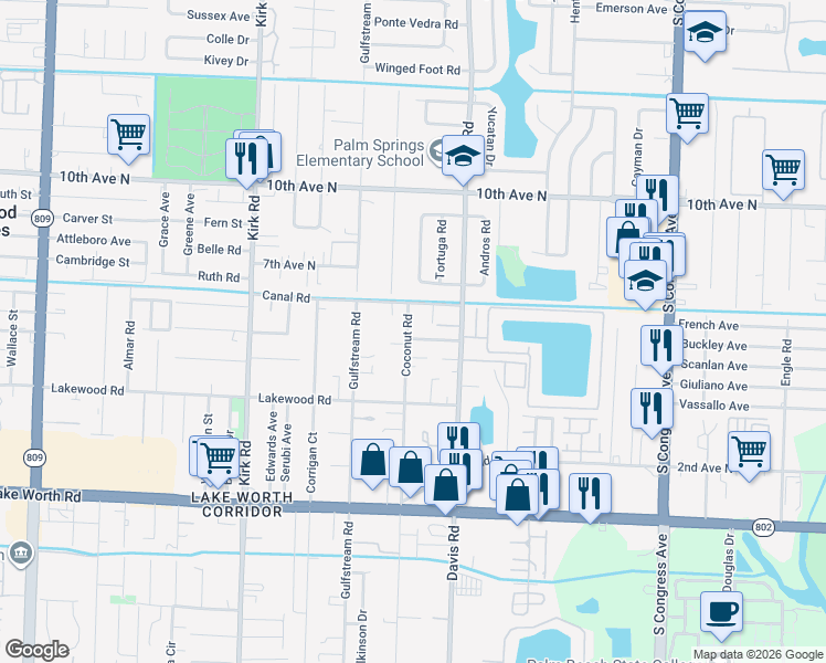 map of restaurants, bars, coffee shops, grocery stores, and more near 3588 Hunt Road in Lake Worth