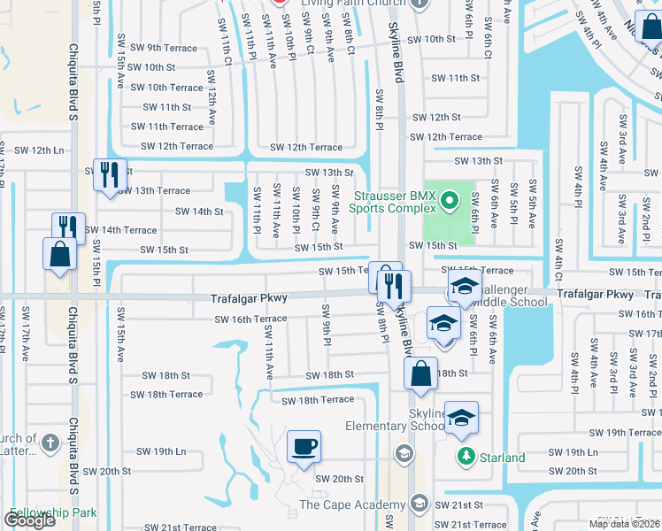 map of restaurants, bars, coffee shops, grocery stores, and more near 850 Southwest 15th Terrace in Cape Coral