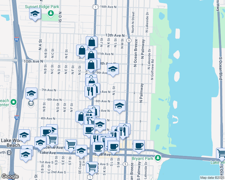 map of restaurants, bars, coffee shops, grocery stores, and more near 707 North L Street in Lake Worth