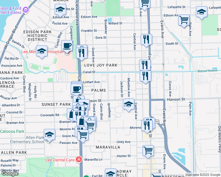 map of restaurants, bars, coffee shops, grocery stores, and more near 2929 Broadway in Fort Myers