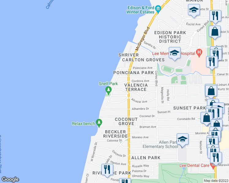 map of restaurants, bars, coffee shops, grocery stores, and more near 1308 Almeria Avenue in Fort Myers