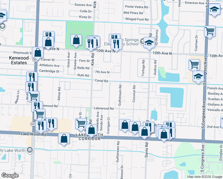 map of restaurants, bars, coffee shops, grocery stores, and more near 3621 Corrigan Court in Lake Worth
