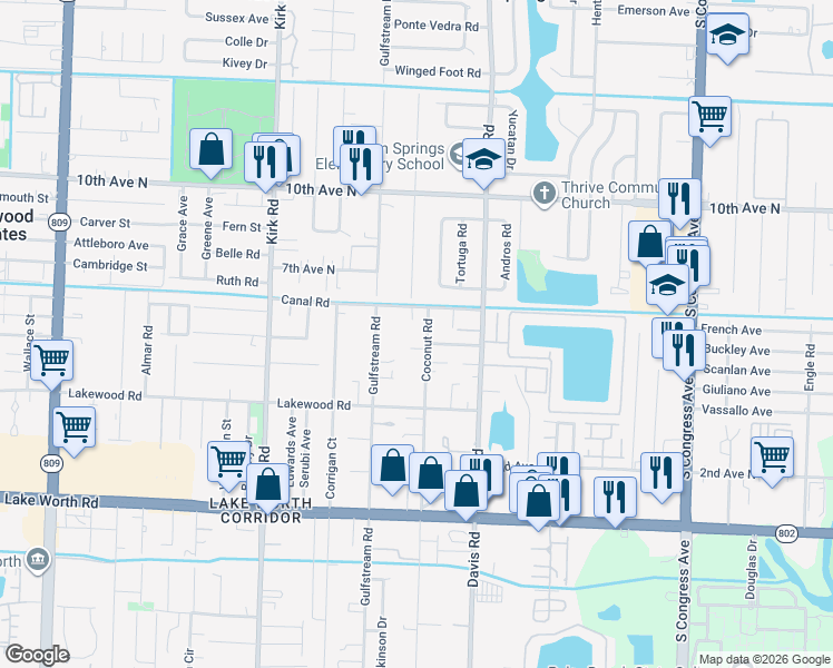 map of restaurants, bars, coffee shops, grocery stores, and more near 3575 Coconut Road in Lake Worth