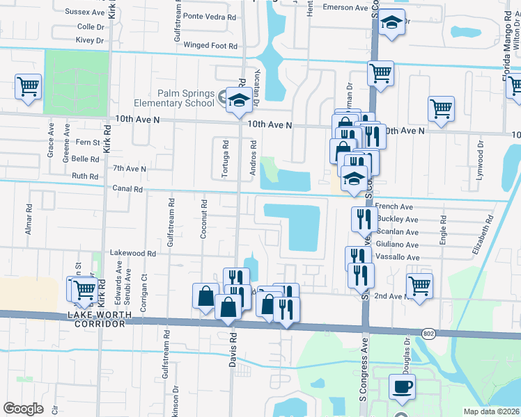 map of restaurants, bars, coffee shops, grocery stores, and more near 6004 Waterview Circle in Palm Springs