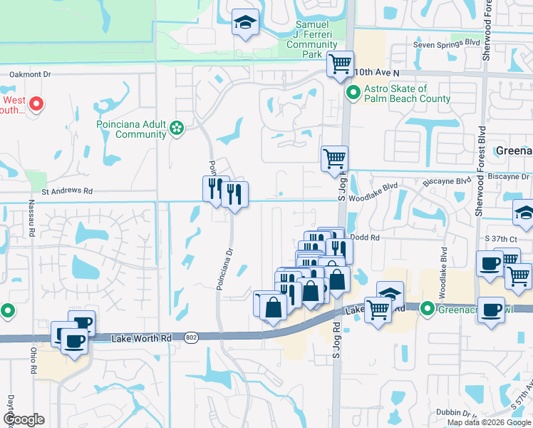 map of restaurants, bars, coffee shops, grocery stores, and more near 3712 Suncrest Road in Lake Worth