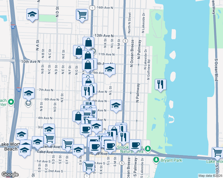 map of restaurants, bars, coffee shops, grocery stores, and more near 625 North M Street in Lake Worth