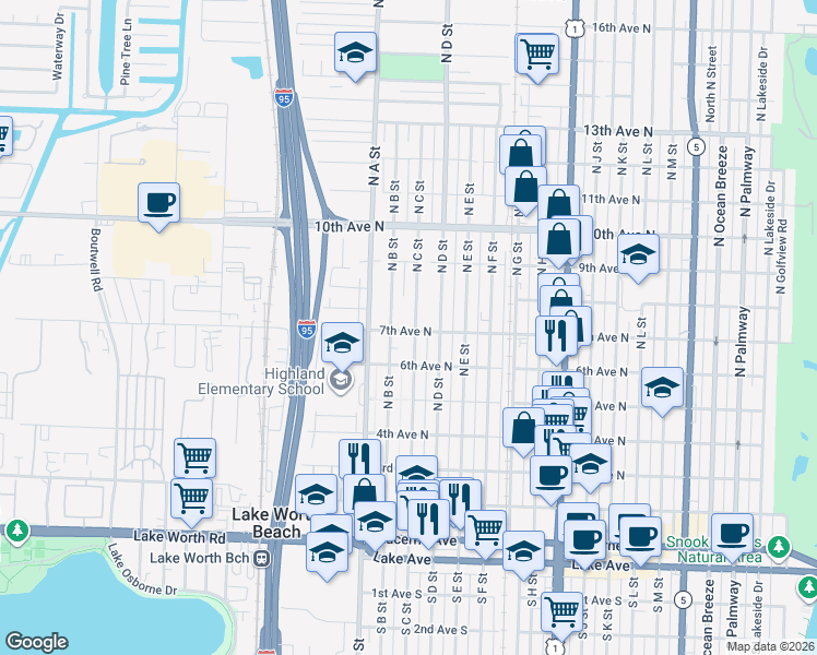 map of restaurants, bars, coffee shops, grocery stores, and more near 619 North D Street in Lake Worth