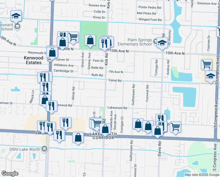 map of restaurants, bars, coffee shops, grocery stores, and more near 3951 A Street in Lake Worth