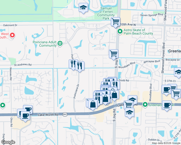 map of restaurants, bars, coffee shops, grocery stores, and more near 3712 Suncrest Road in Lake Worth