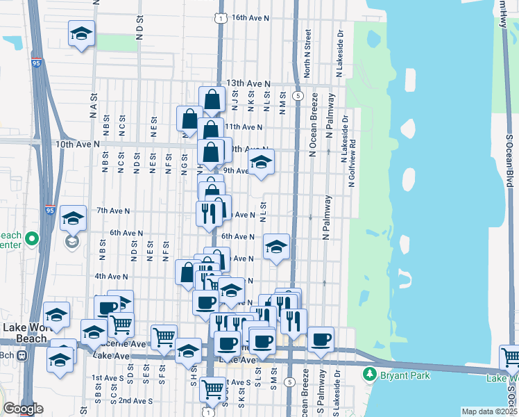 map of restaurants, bars, coffee shops, grocery stores, and more near 620 North K Street in Lake Worth