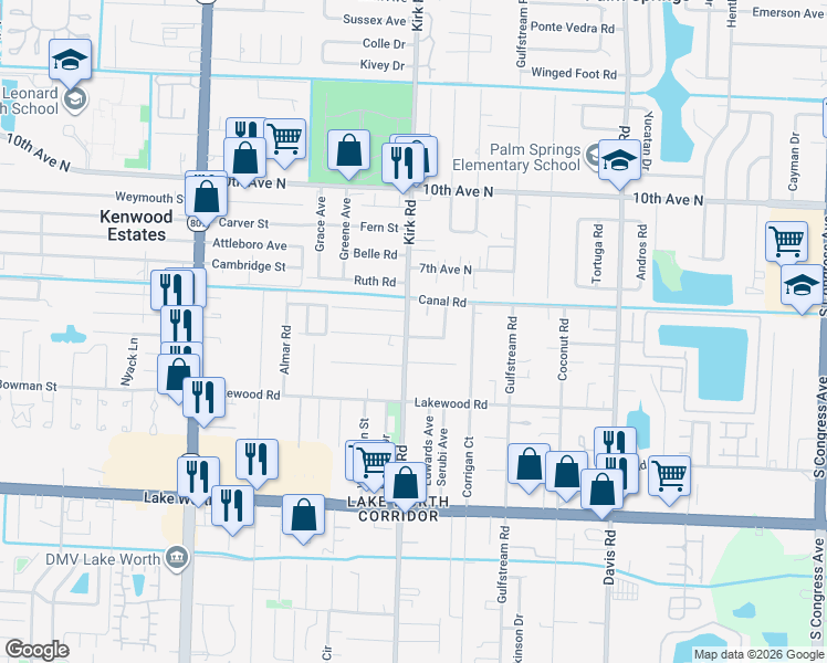 map of restaurants, bars, coffee shops, grocery stores, and more near 3586 Kirk Road in Lake Worth