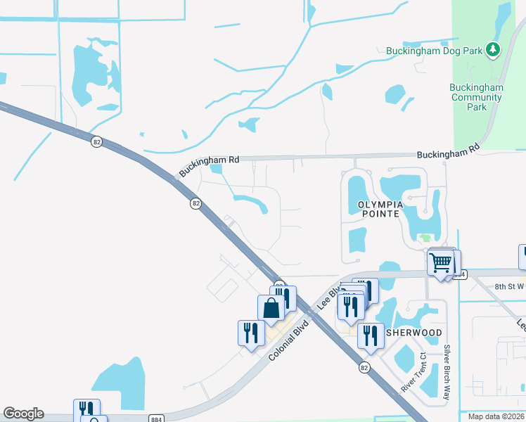 map of restaurants, bars, coffee shops, grocery stores, and more near 11251 Florida 82 in Fort Myers