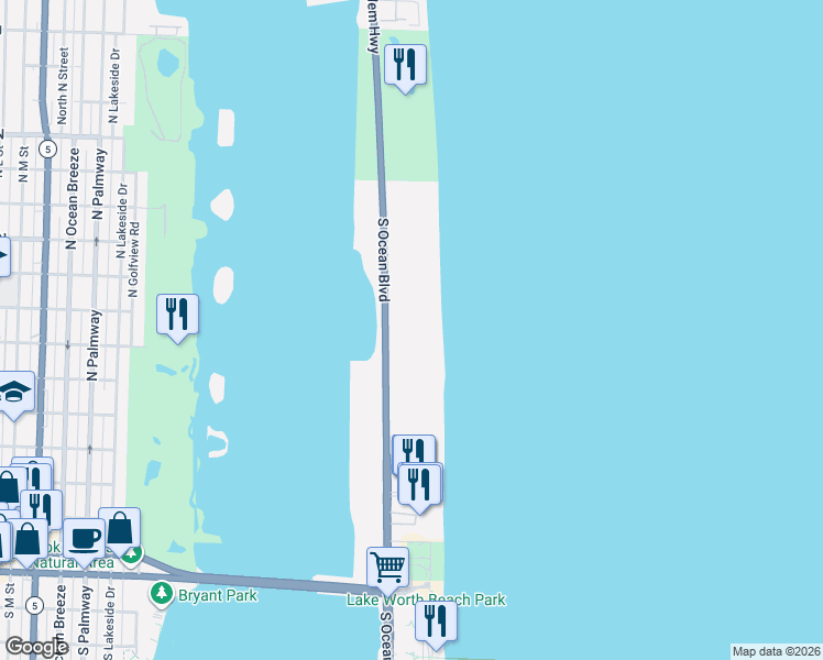 map of restaurants, bars, coffee shops, grocery stores, and more near 2600 South Ocean Boulevard in Palm Beach