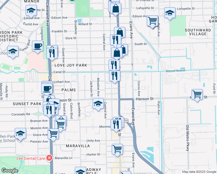 map of restaurants, bars, coffee shops, grocery stores, and more near 2845 Central Avenue in Fort Myers