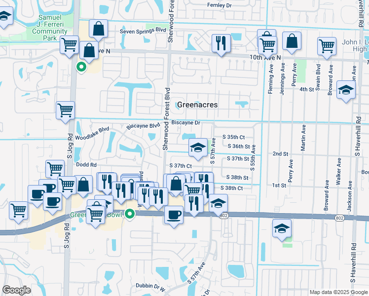 map of restaurants, bars, coffee shops, grocery stores, and more near 5900 Whispering Pine Way in Greenacres