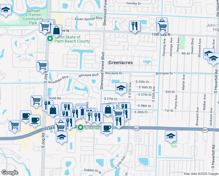 map of restaurants, bars, coffee shops, grocery stores, and more near 5960 Lazy Pine Way in Greenacres