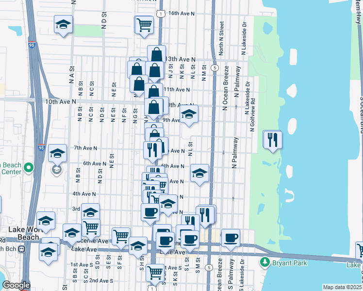 map of restaurants, bars, coffee shops, grocery stores, and more near 727 North K Street in Lake Worth