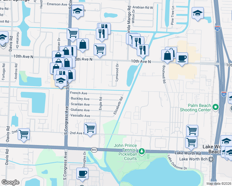 map of restaurants, bars, coffee shops, grocery stores, and more near 2826 French Avenue in Lake Worth