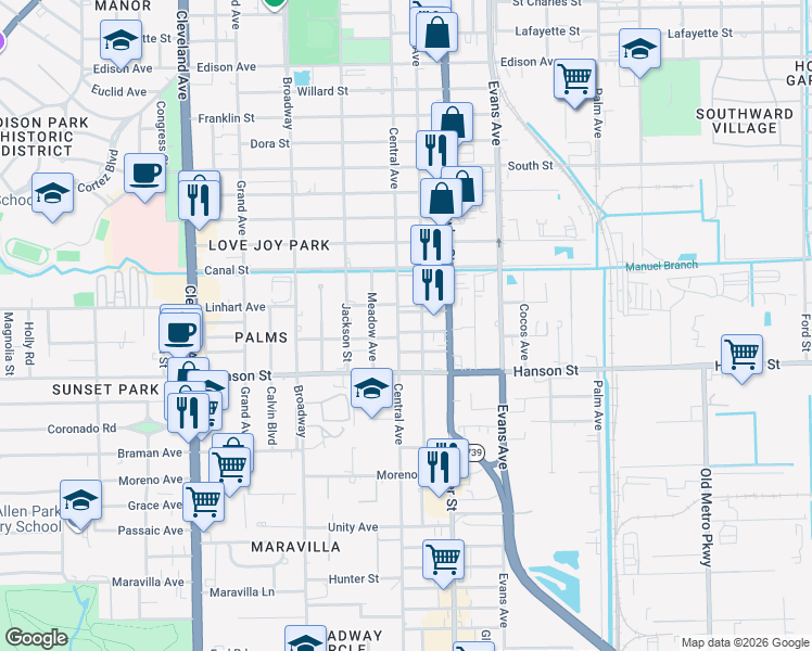 map of restaurants, bars, coffee shops, grocery stores, and more near 2845 Central Avenue in Fort Myers