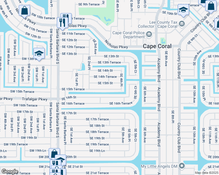 map of restaurants, bars, coffee shops, grocery stores, and more near 411 Southeast 15th Street in Cape Coral