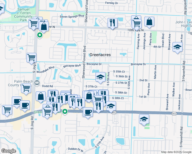 map of restaurants, bars, coffee shops, grocery stores, and more near 5900 Whispering Pine Way in Greenacres