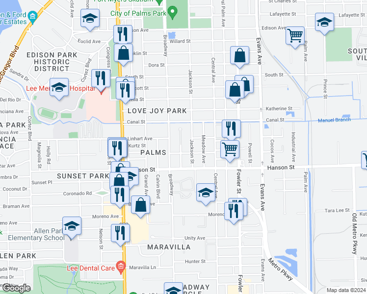 map of restaurants, bars, coffee shops, grocery stores, and more near Montclair Avenue in Fort Myers