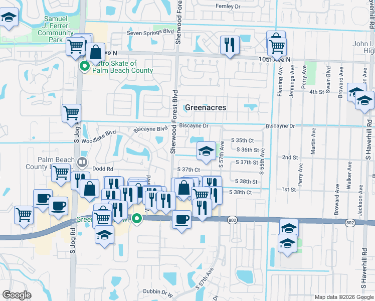map of restaurants, bars, coffee shops, grocery stores, and more near 5960 Lazy Pine Way in Greenacres