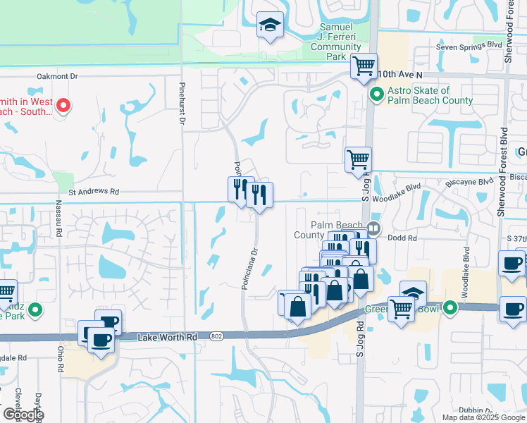 map of restaurants, bars, coffee shops, grocery stores, and more near 3491 Stanton Terrace in Lake Worth