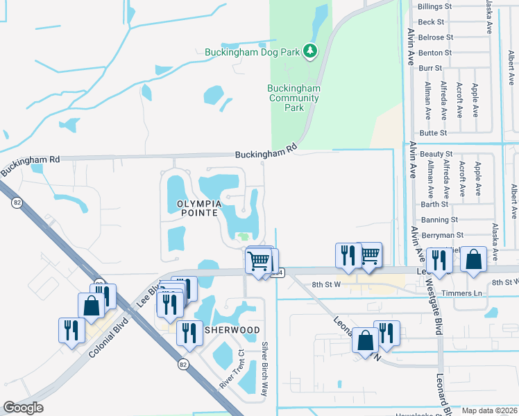 map of restaurants, bars, coffee shops, grocery stores, and more near 8610 Athena Court in Lehigh Acres