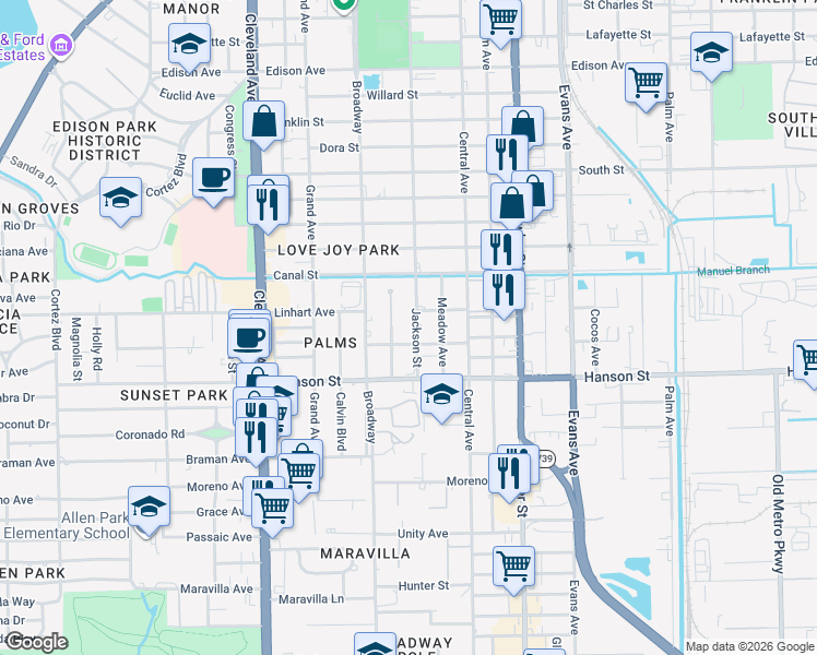 map of restaurants, bars, coffee shops, grocery stores, and more near Montclair Avenue in Fort Myers