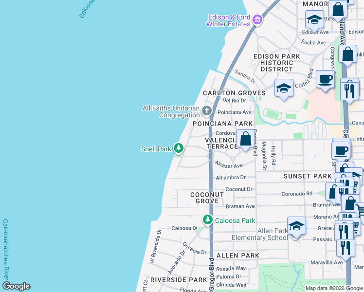 map of restaurants, bars, coffee shops, grocery stores, and more near 2844 Valencia Way in Fort Myers