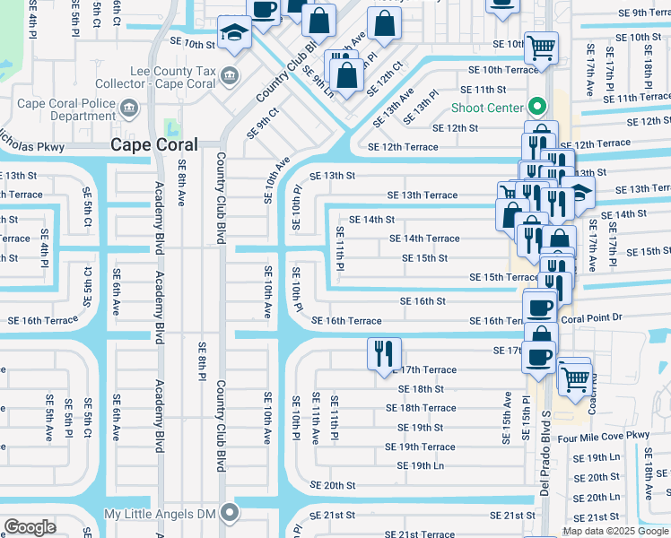 map of restaurants, bars, coffee shops, grocery stores, and more near 1452 Southeast 11th Place in Cape Coral