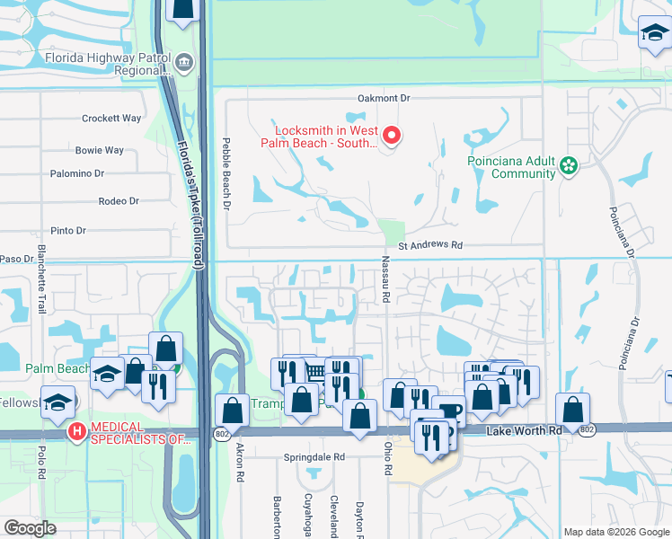 map of restaurants, bars, coffee shops, grocery stores, and more near 7640 Saint Andrews Road in Lake Worth
