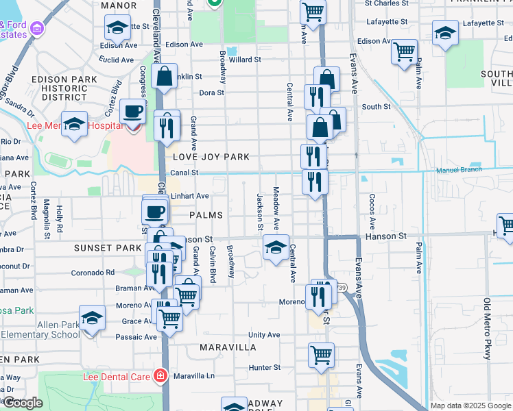map of restaurants, bars, coffee shops, grocery stores, and more near Montclair Avenue in Fort Myers
