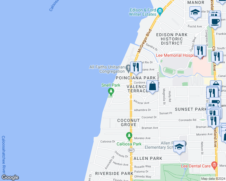 map of restaurants, bars, coffee shops, grocery stores, and more near 2878 Valencia Way in Fort Myers