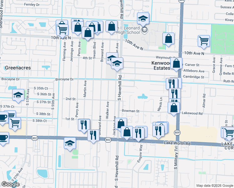 map of restaurants, bars, coffee shops, grocery stores, and more near 340 Walker Avenue in Greenacres