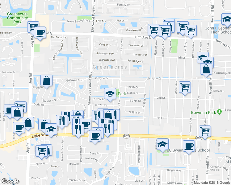 map of restaurants, bars, coffee shops, grocery stores, and more near 5730 Pine Wood Drive in Greenacres