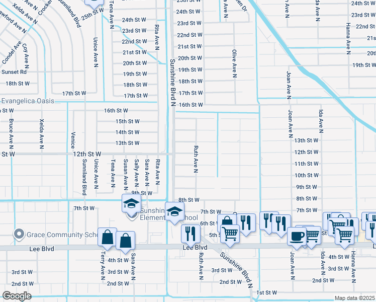 map of restaurants, bars, coffee shops, grocery stores, and more near 3318 12th Street West in Lehigh Acres