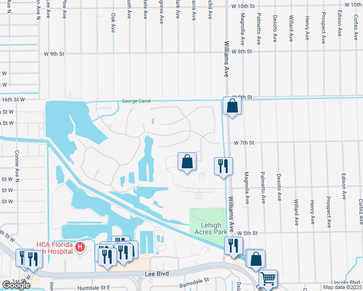 map of restaurants, bars, coffee shops, grocery stores, and more near 18320 Plumbago Court in Lehigh Acres